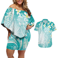 Polynesian Jellyfish Couples Matching Off Shoulder Short Dress and Hawaiian Shirt With Plumeria Teal LT05 Teal - Polynesian Pride