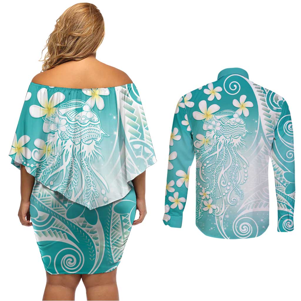 Polynesian Jellyfish Couples Matching Off Shoulder Short Dress and Long Sleeve Button Shirt With Plumeria Teal