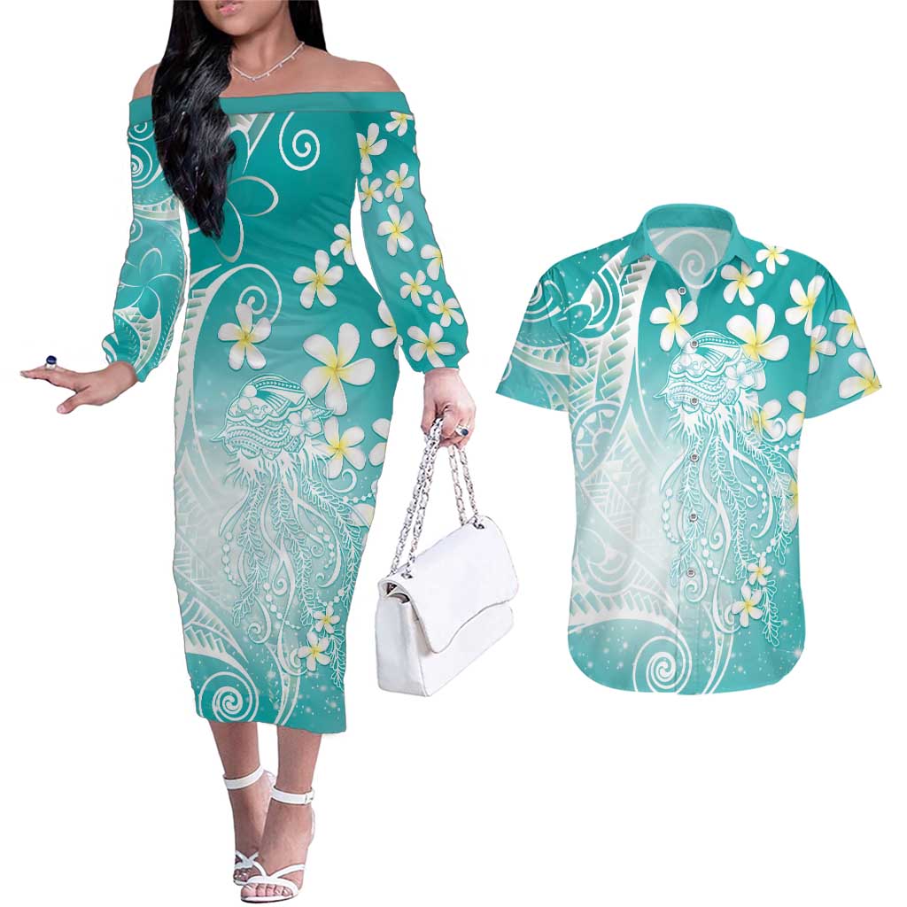 Polynesian Jellyfish Couples Matching Off The Shoulder Long Sleeve Dress and Hawaiian Shirt With Plumeria Teal LT05 Teal - Polynesian Pride