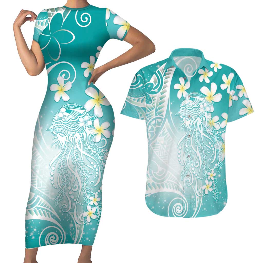 Polynesian Jellyfish Couples Matching Short Sleeve Bodycon Dress and Hawaiian Shirt With Plumeria Teal LT05 Teal - Polynesian Pride