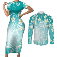 Polynesian Jellyfish Couples Matching Short Sleeve Bodycon Dress and Long Sleeve Button Shirt With Plumeria Teal LT05 Teal - Polynesian Pride