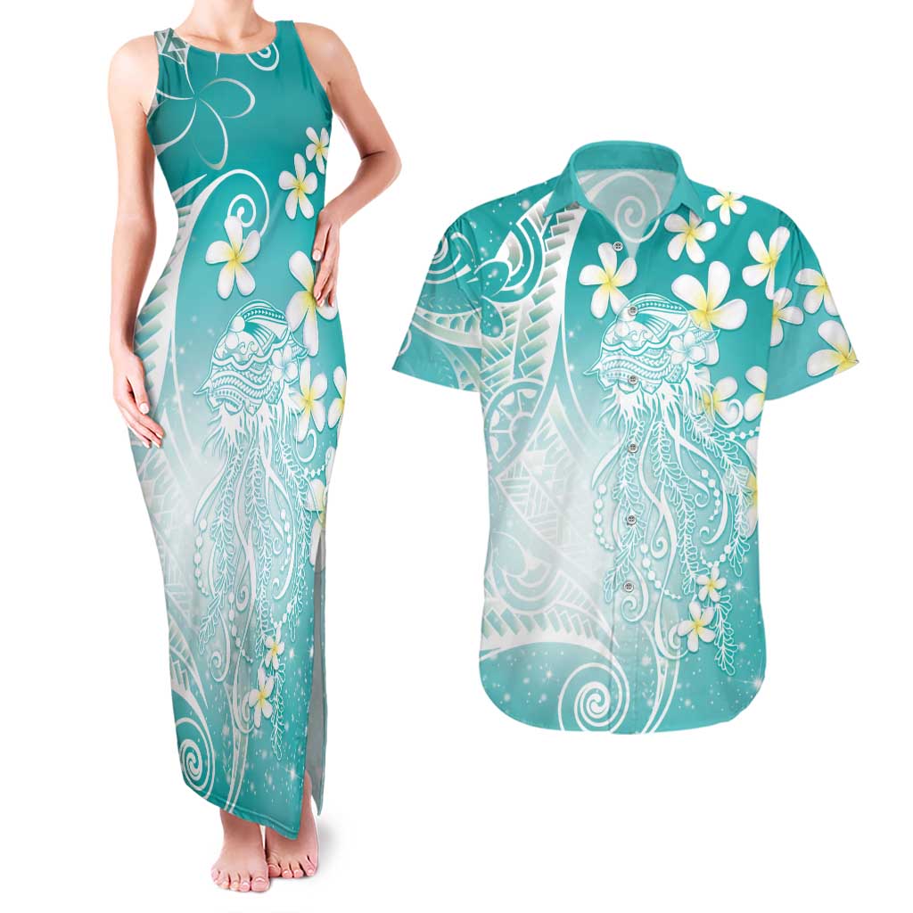 Polynesian Jellyfish Couples Matching Tank Maxi Dress and Hawaiian Shirt With Plumeria Teal LT05 Teal - Polynesian Pride
