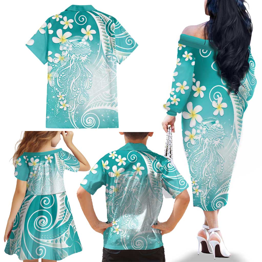 Polynesian Jellyfish Family Matching Off The Shoulder Long Sleeve Dress and Hawaiian Shirt With Plumeria Teal LT05 - Polynesian Pride