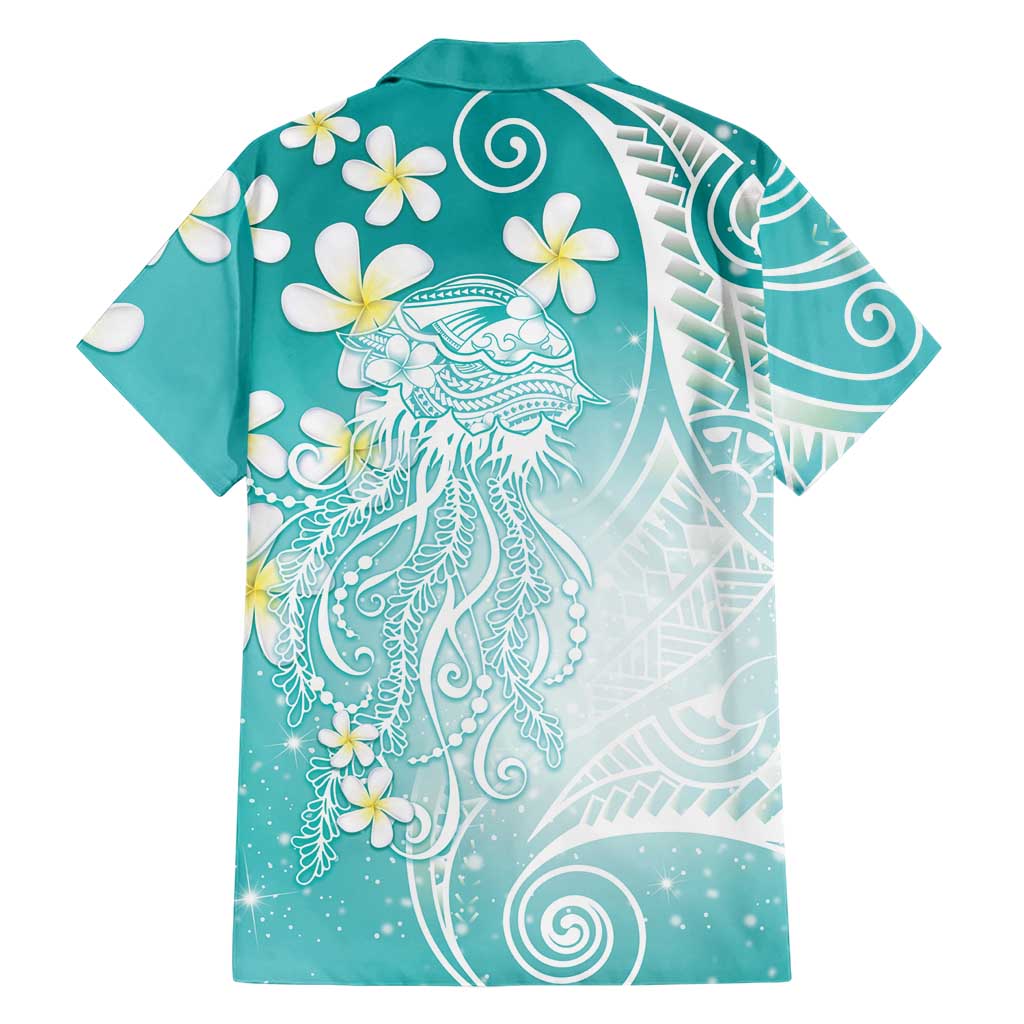 Polynesian Jellyfish Family Matching Off Shoulder Short Dress and Hawaiian Shirt With Plumeria Teal