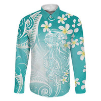 Polynesian Jellyfish Family Matching Off Shoulder Short Dress and Hawaiian Shirt With Plumeria Teal