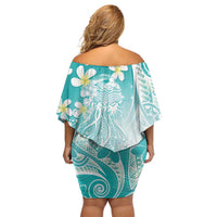 Polynesian Jellyfish Family Matching Off Shoulder Short Dress and Hawaiian Shirt With Plumeria Teal