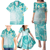 Polynesian Jellyfish Family Matching Puletasi and Hawaiian Shirt With Plumeria Teal LT05 - Polynesian Pride