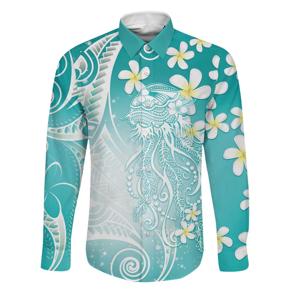 Polynesian Jellyfish Family Matching Puletasi and Hawaiian Shirt With Plumeria Teal LT05 Dad's Shirt - Long Sleeve Teal - Polynesian Pride