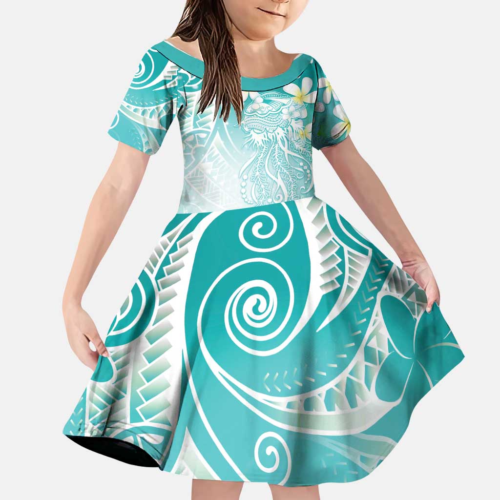 Polynesian Jellyfish Family Matching Short Sleeve Bodycon Dress and Hawaiian Shirt With Plumeria Teal LT05 Daughter's Dress Teal - Polynesian Pride