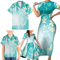 Polynesian Jellyfish Family Matching Short Sleeve Bodycon Dress and Hawaiian Shirt With Plumeria Teal LT05 - Polynesian Pride