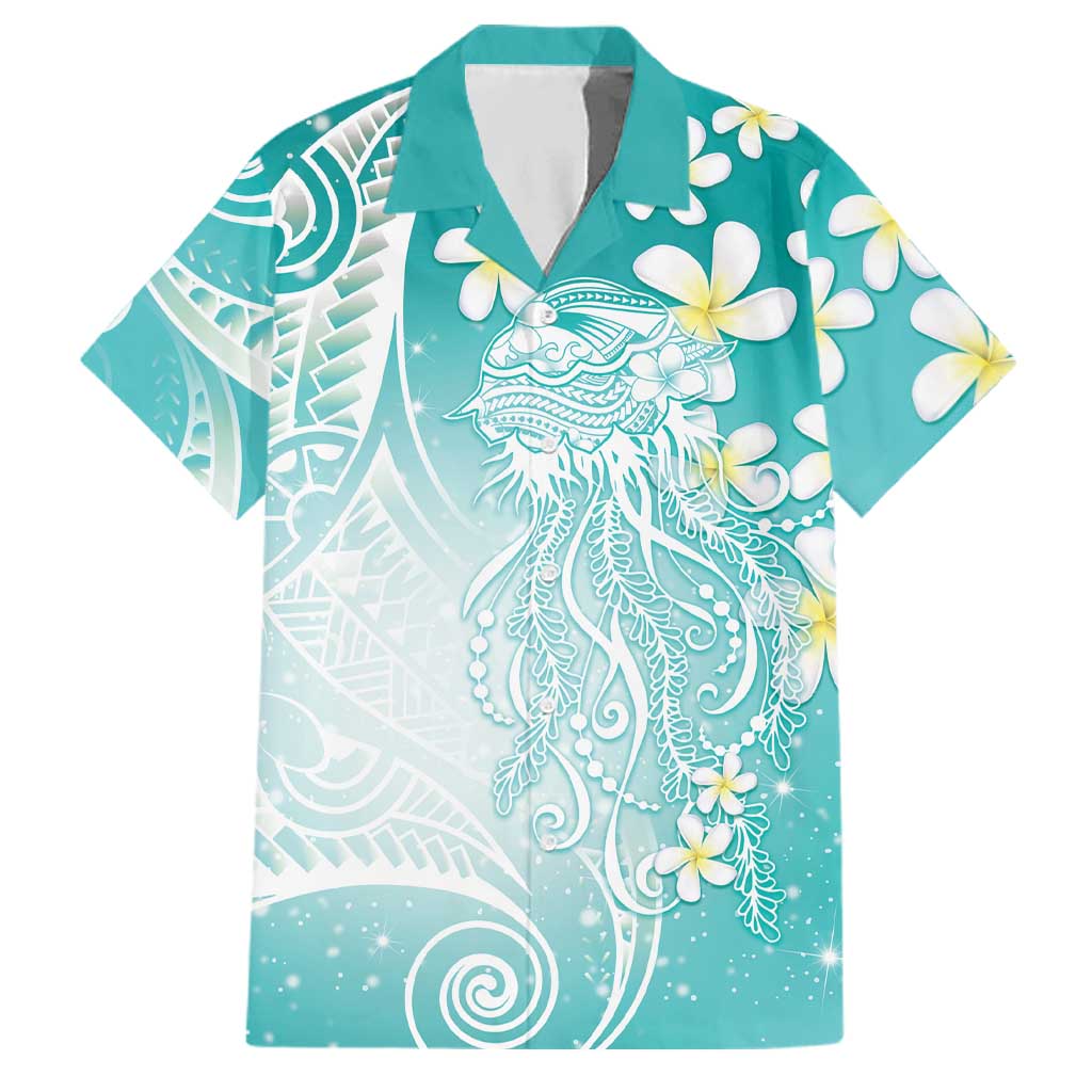 Polynesian Jellyfish Family Matching Summer Maxi Dress and Hawaiian Shirt With Plumeria Teal