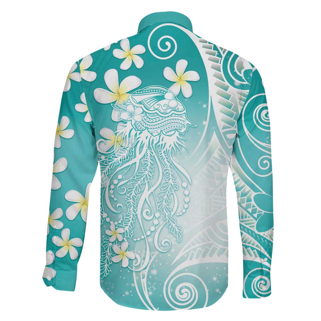 Polynesian Jellyfish Family Matching Summer Maxi Dress and Hawaiian Shirt With Plumeria Teal