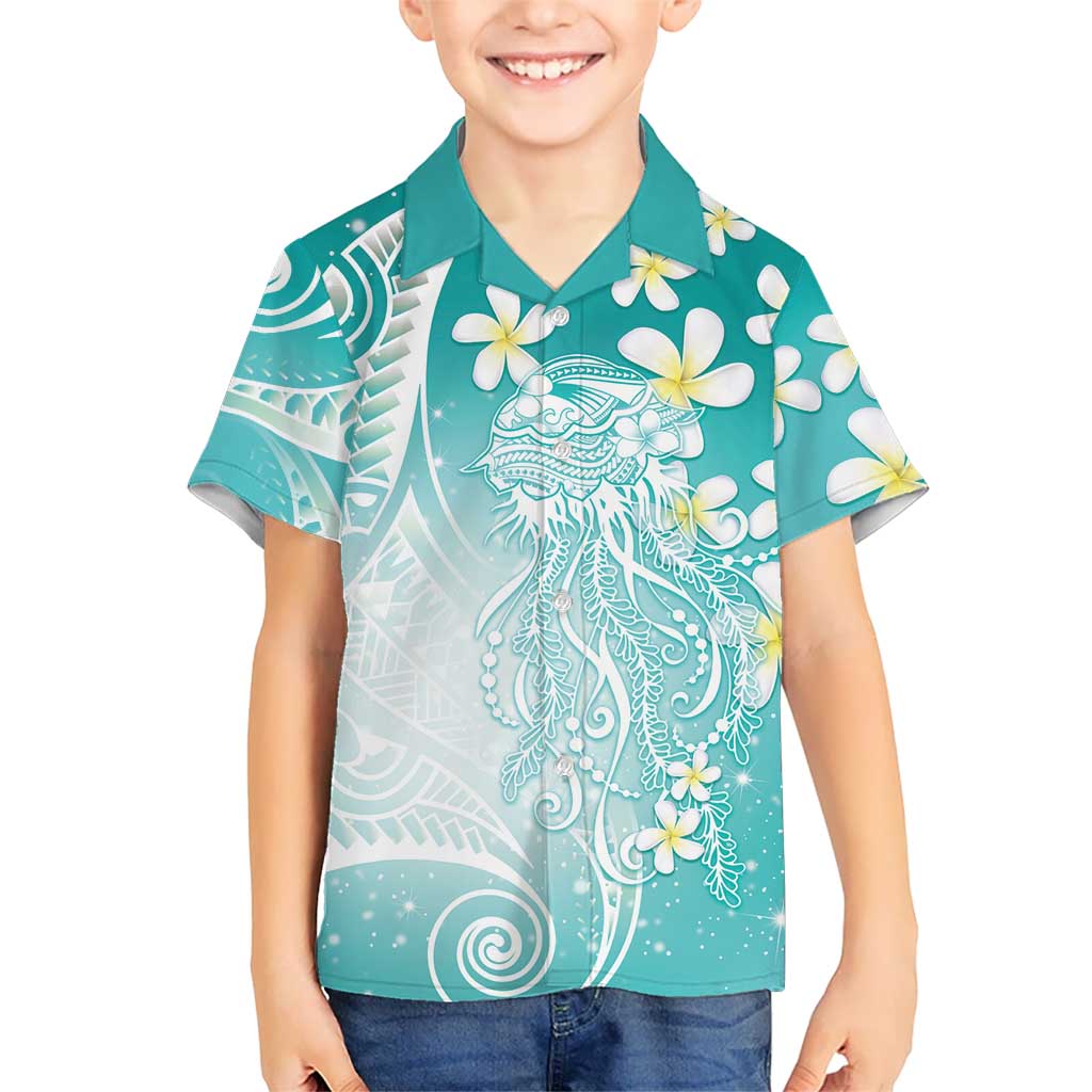 Polynesian Jellyfish Family Matching Summer Maxi Dress and Hawaiian Shirt With Plumeria Teal
