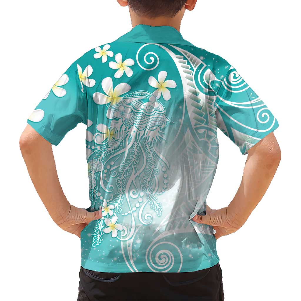 Polynesian Jellyfish Kid Hawaiian Shirt With Plumeria Teal