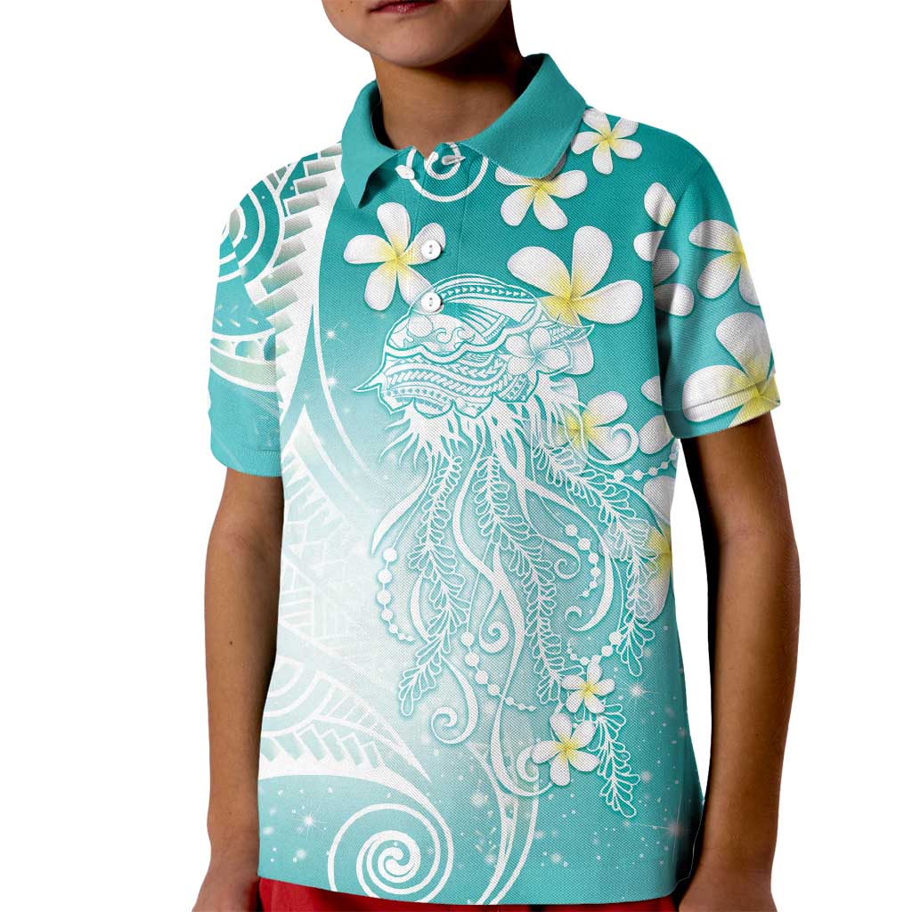 Polynesian Jellyfish Kid Polo Shirt With Plumeria Teal LT05 Kid Teal - Polynesian Pride