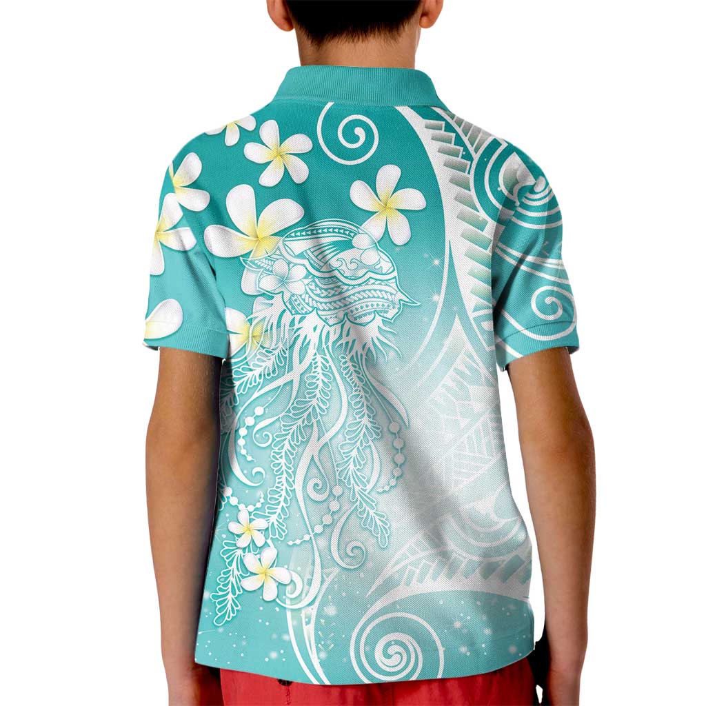 Polynesian Jellyfish Kid Polo Shirt With Plumeria Teal LT05 - Polynesian Pride
