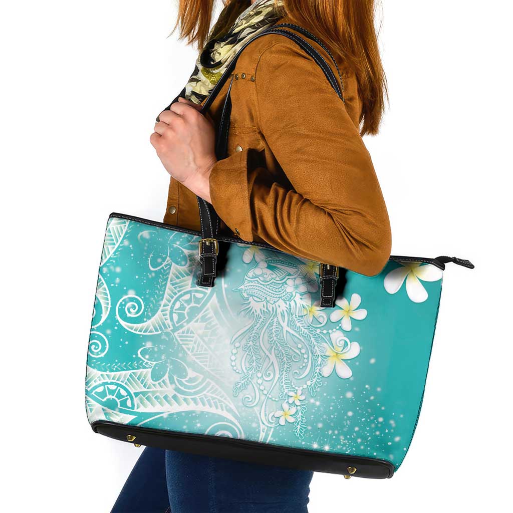 Polynesian Jellyfish Leather Tote Bag With Plumeria Teal