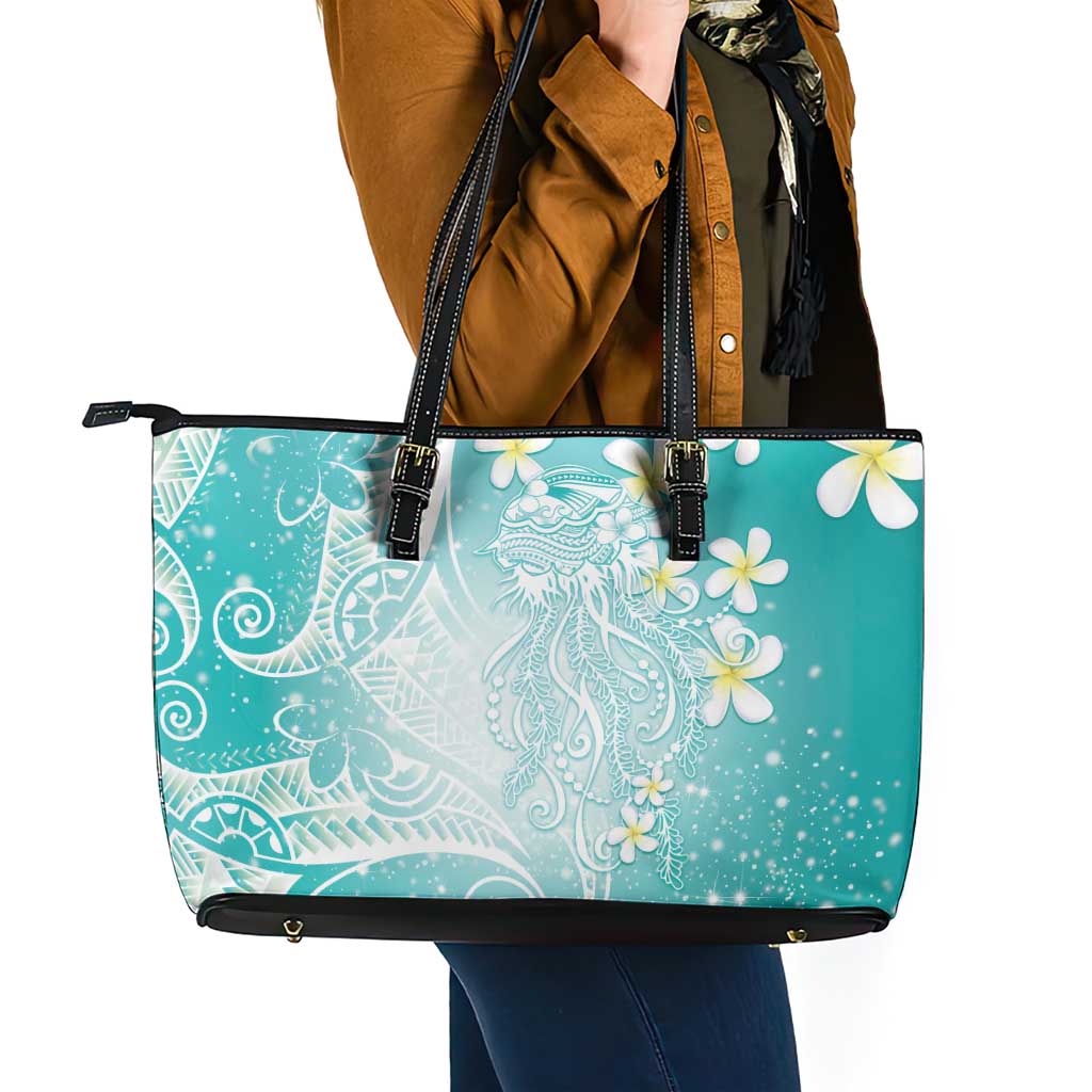 Polynesian Jellyfish Leather Tote Bag With Plumeria Teal