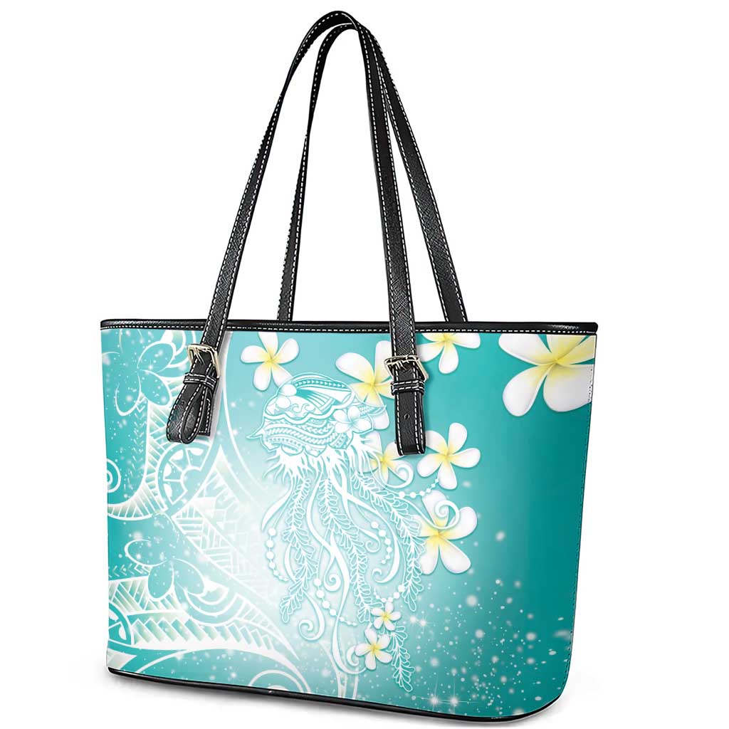 Polynesian Jellyfish Leather Tote Bag With Plumeria Teal