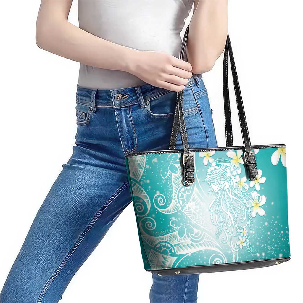 Polynesian Jellyfish Leather Tote Bag With Plumeria Teal
