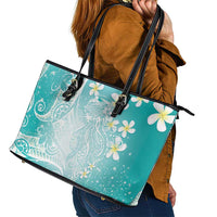 Polynesian Jellyfish Leather Tote Bag With Plumeria Teal