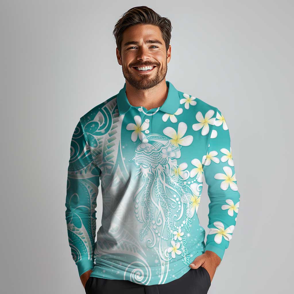 Polynesian Jellyfish Long Sleeve Polo Shirt With Plumeria Teal