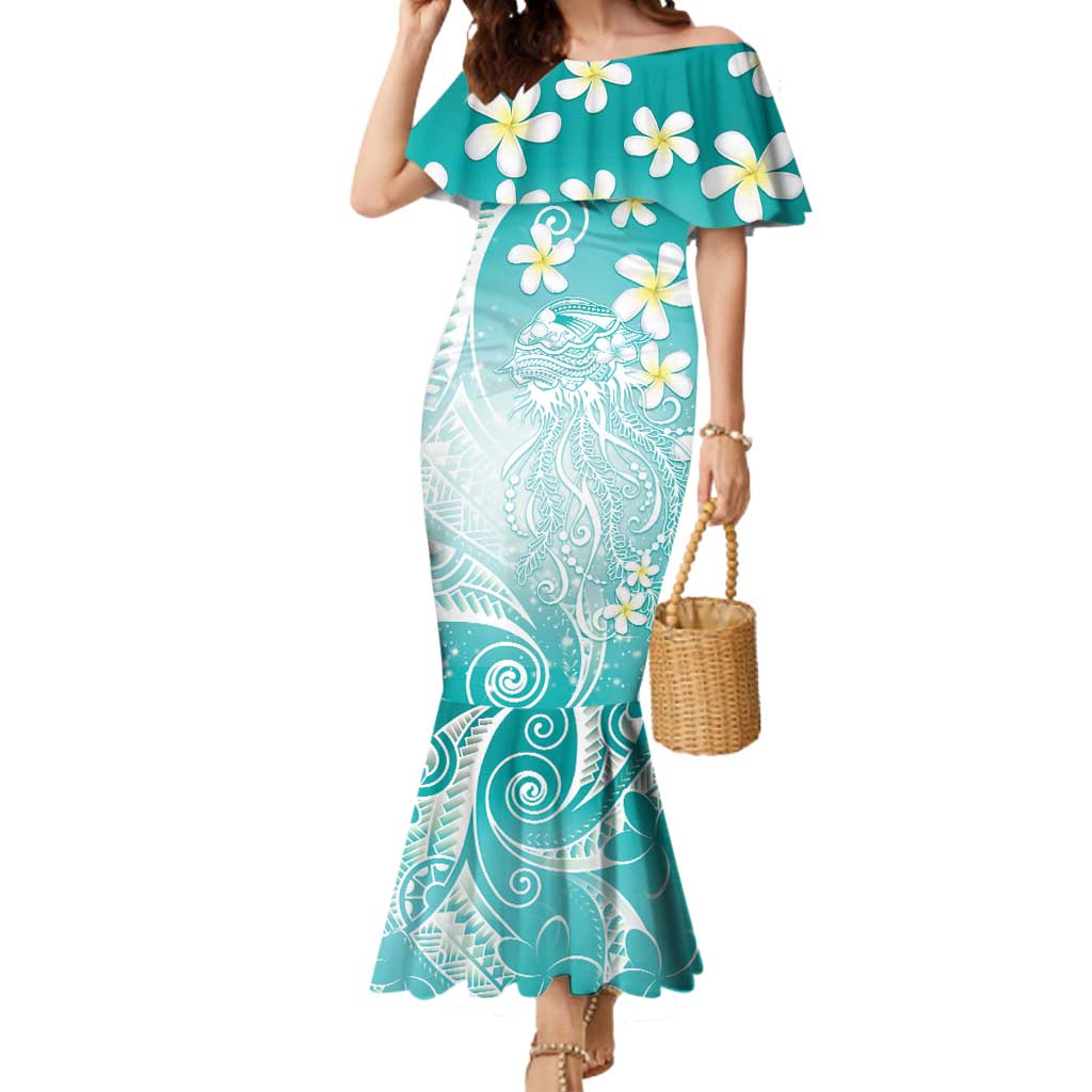 Polynesian Jellyfish Mermaid Dress With Plumeria Teal