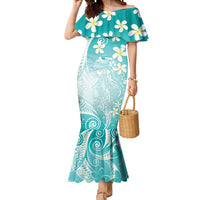 Polynesian Jellyfish Mermaid Dress With Plumeria Teal