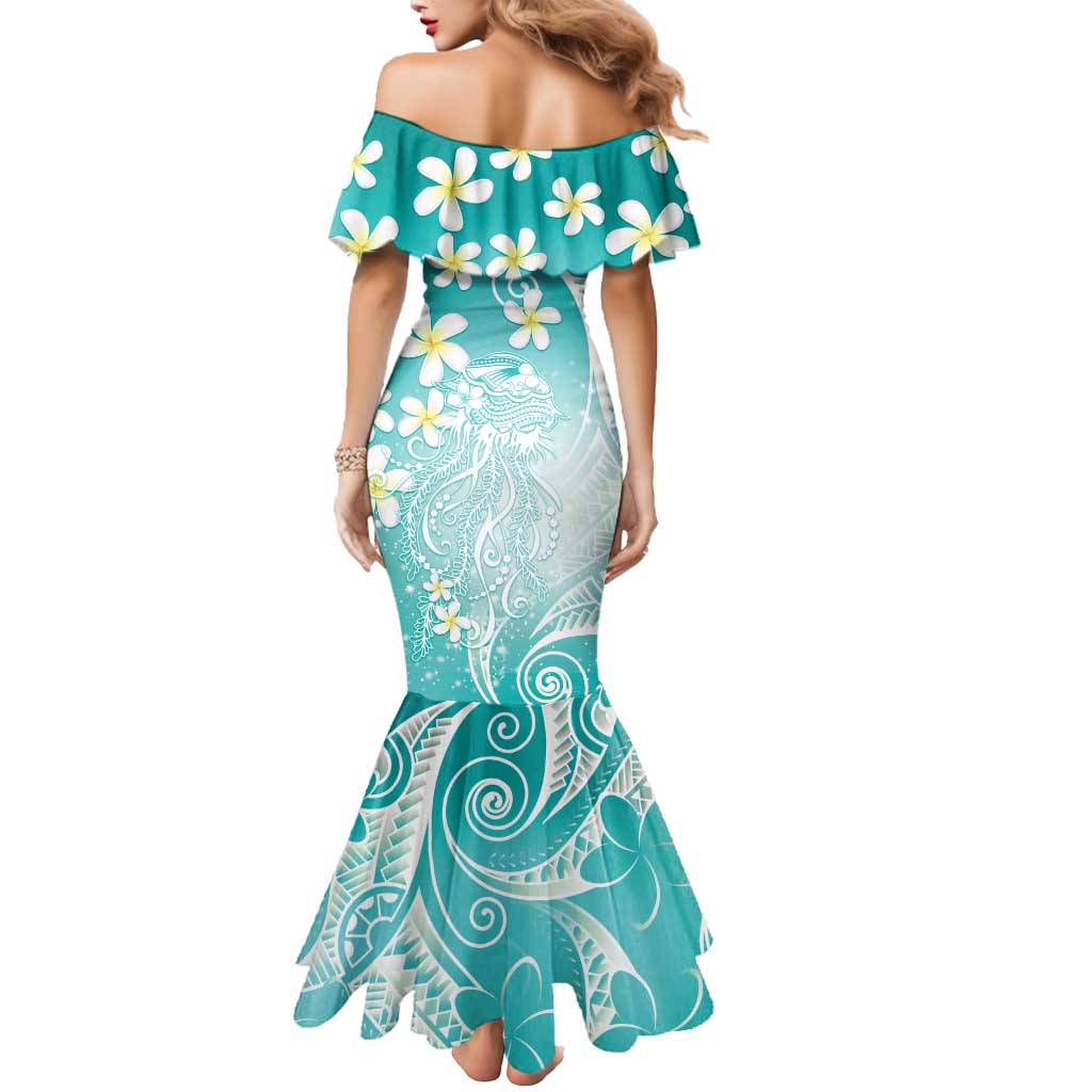 Polynesian Jellyfish Mermaid Dress With Plumeria Teal