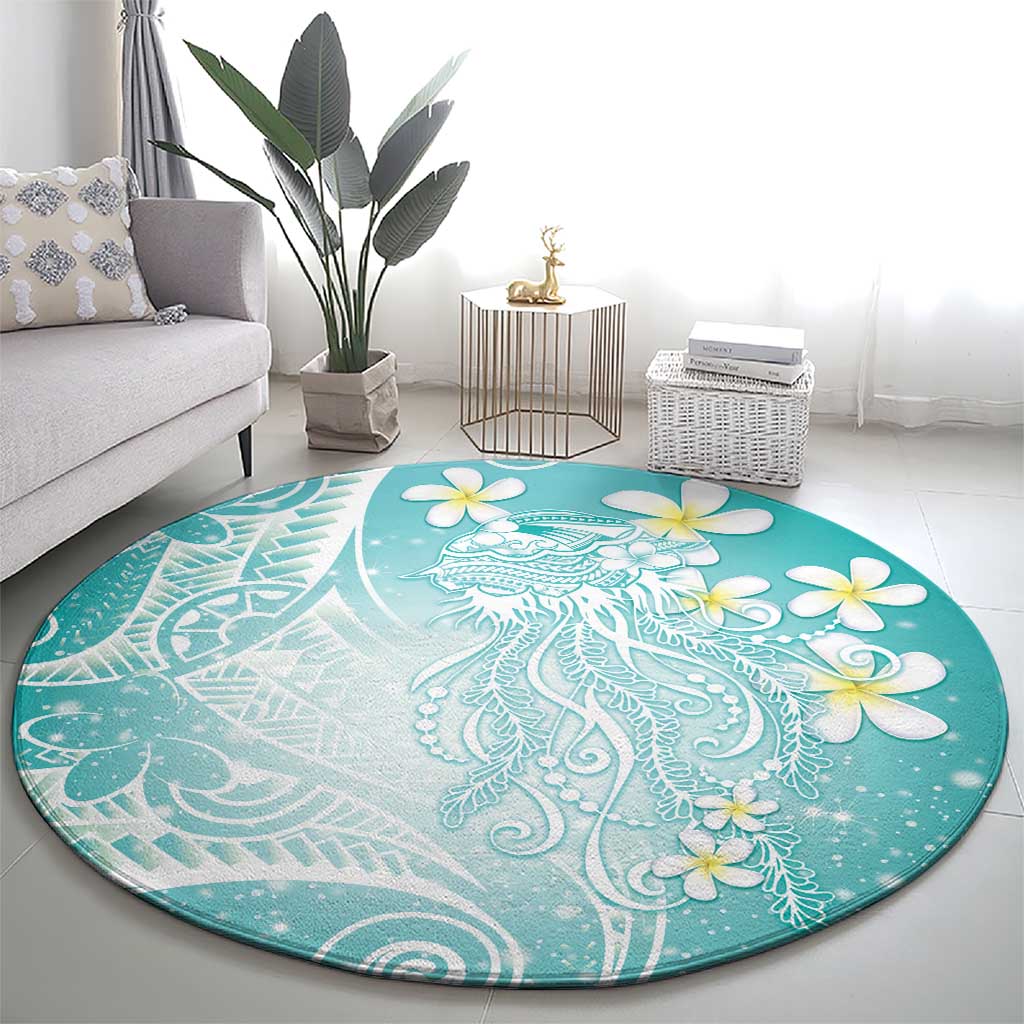Polynesian Jellyfish Round Carpet With Plumeria Teal