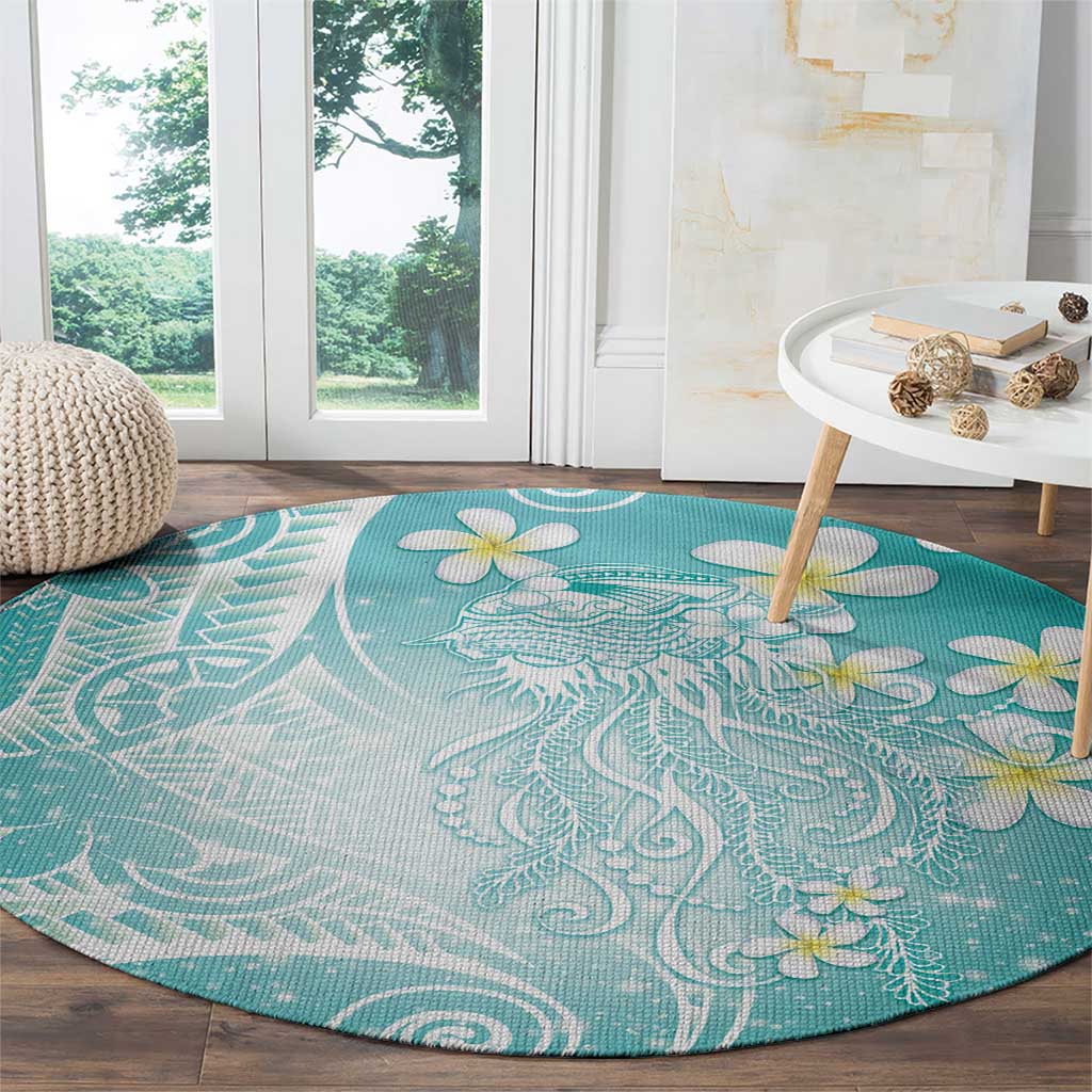 Polynesian Jellyfish Round Carpet With Plumeria Teal