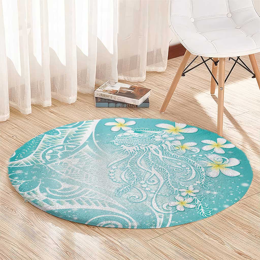 Polynesian Jellyfish Round Carpet With Plumeria Teal
