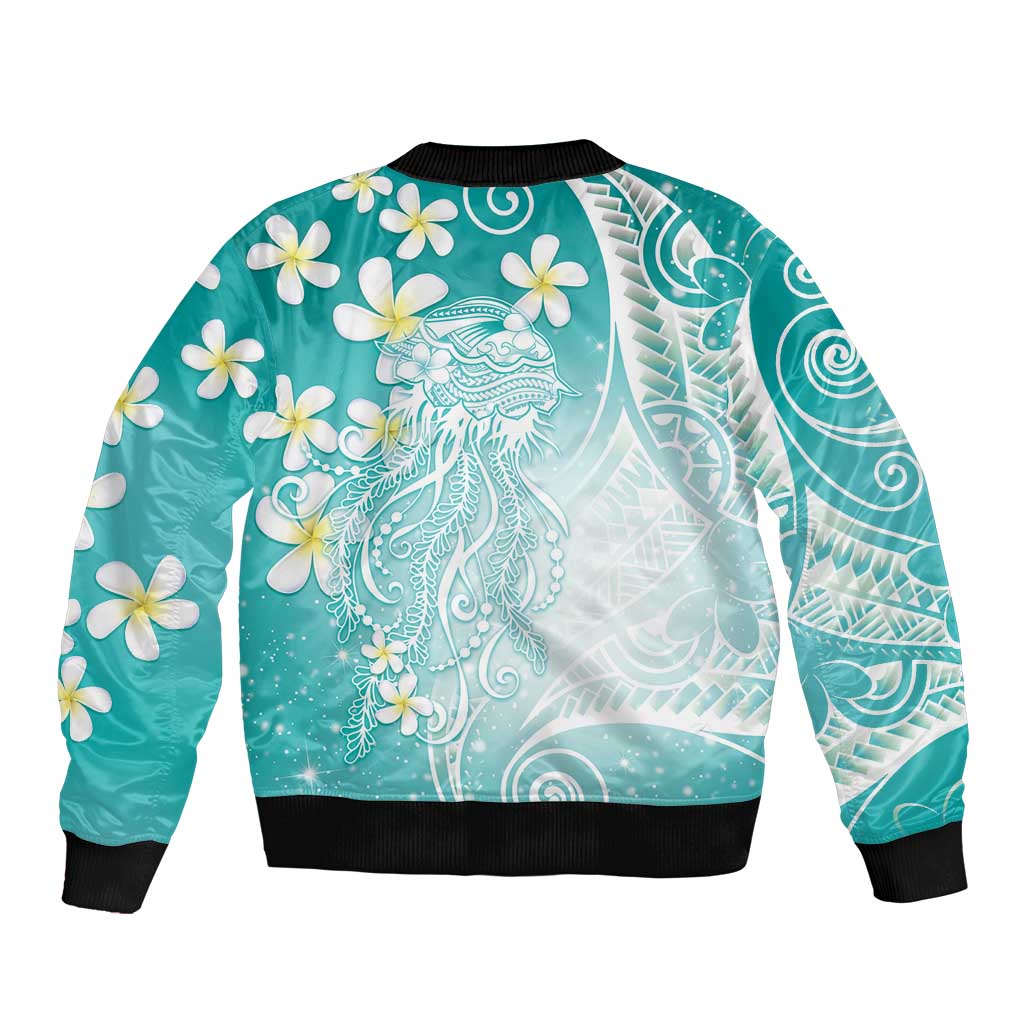 Polynesian Jellyfish Sleeve Zip Bomber Jacket With Plumeria Teal