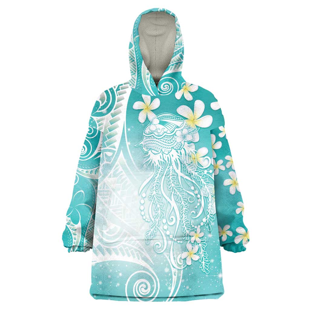 Polynesian Jellyfish Wearable Blanket Hoodie With Plumeria Teal