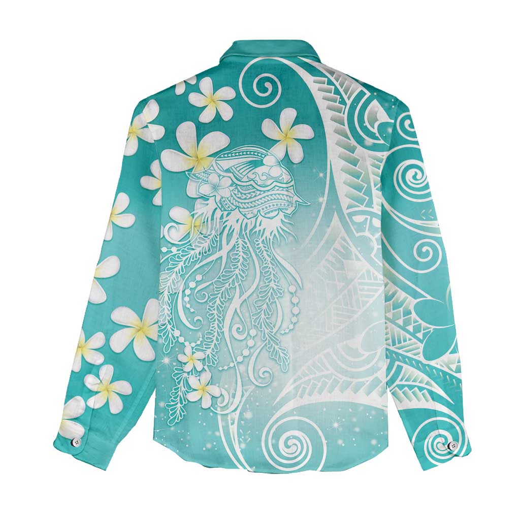 Polynesian Jellyfish Women Casual Shirt With Plumeria Teal