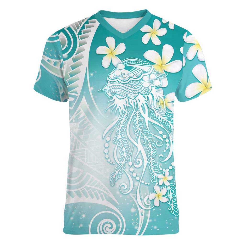 Polynesian Jellyfish Women V-Neck T-Shirt With Plumeria Teal LT05 Female Teal - Polynesian Pride
