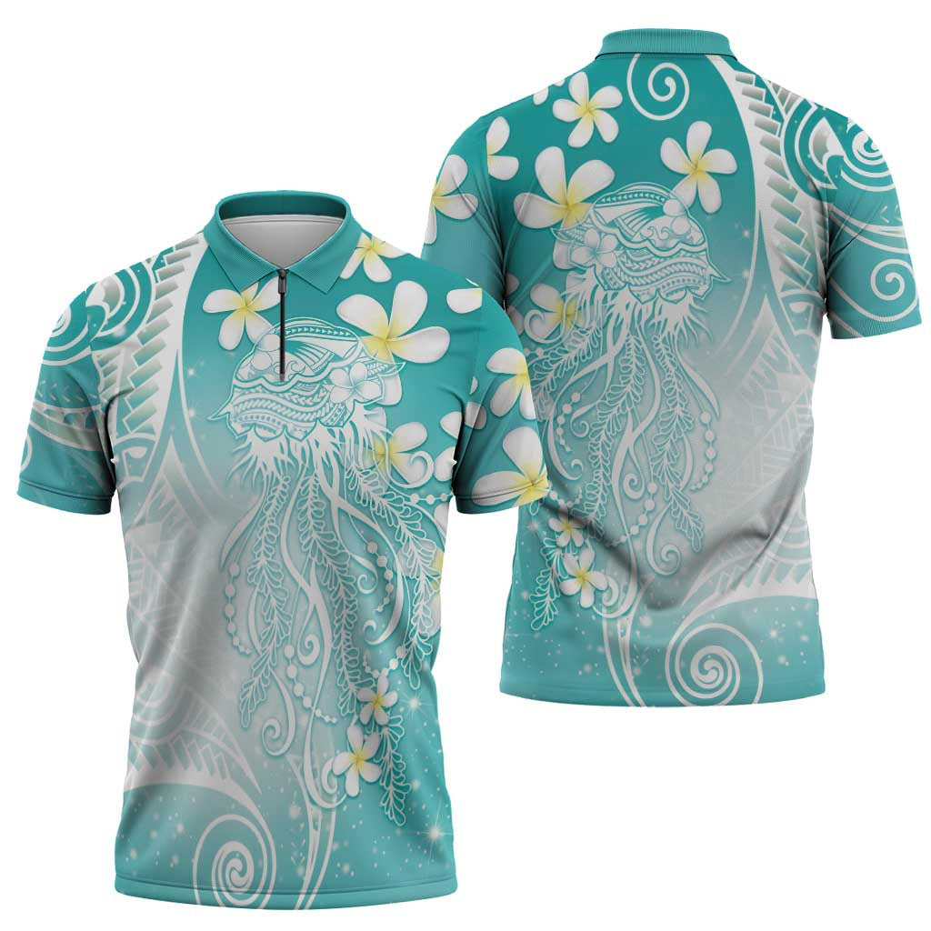 Polynesian Jellyfish Zipper Polo Shirt With Plumeria Teal
