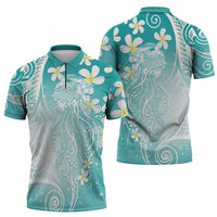 Polynesian Jellyfish Zipper Polo Shirt With Plumeria Teal