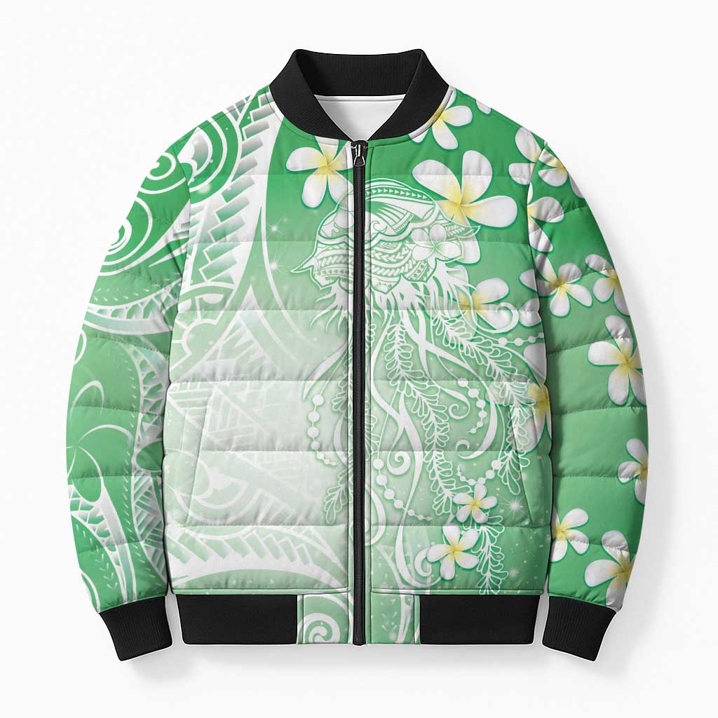 Polynesian Jellyfish Bomber Puffer Jacket With Plumeria Green