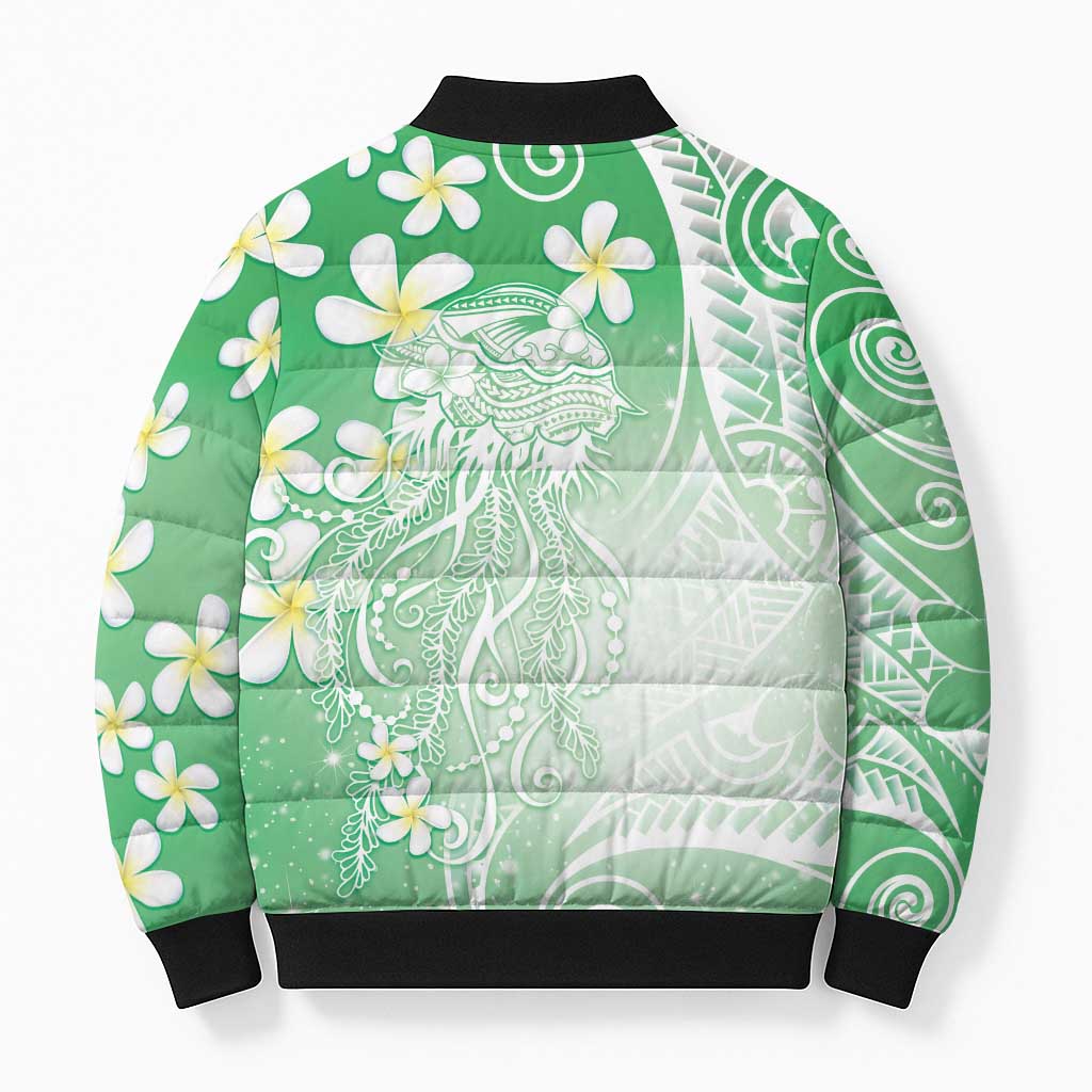 Polynesian Jellyfish Bomber Puffer Jacket With Plumeria Green