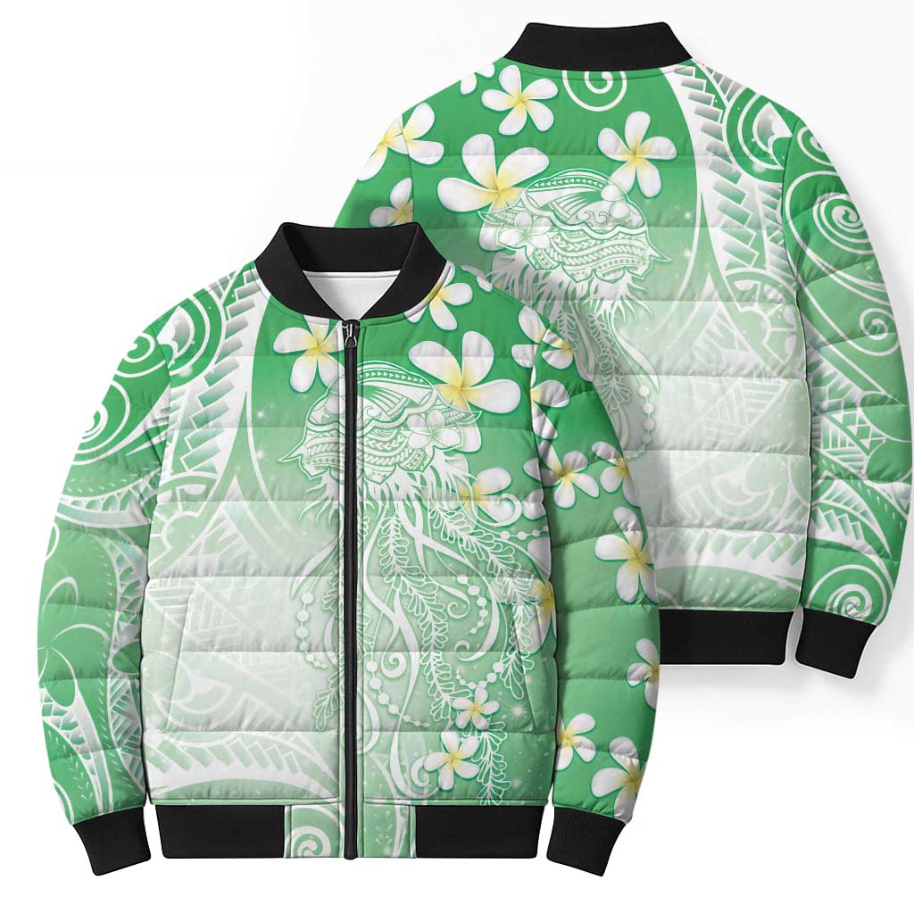 Polynesian Jellyfish Bomber Puffer Jacket With Plumeria Green