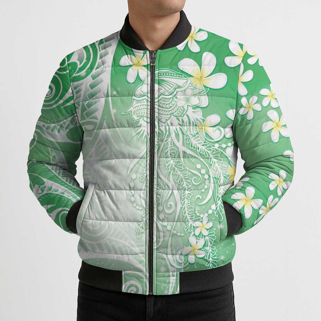 Polynesian Jellyfish Bomber Puffer Jacket With Plumeria Green