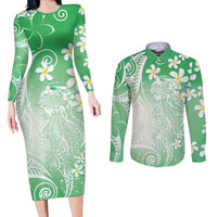Polynesian Jellyfish Couples Matching Long Sleeve Bodycon Dress and Long Sleeve Button Shirt With Plumeria Green LT05 Green - Polynesian Pride