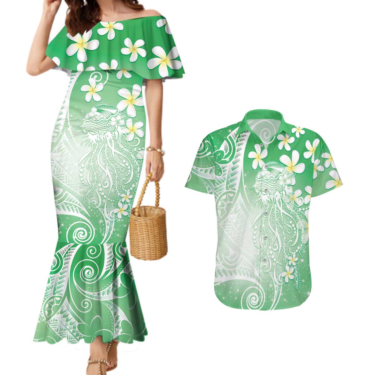 Polynesian Jellyfish Couples Matching Mermaid Dress and Hawaiian Shirt With Plumeria Green LT05 Green - Polynesian Pride