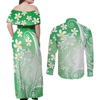 Polynesian Jellyfish Couples Matching Off Shoulder Maxi Dress and Long Sleeve Button Shirt With Plumeria Green LT05 - Polynesian Pride