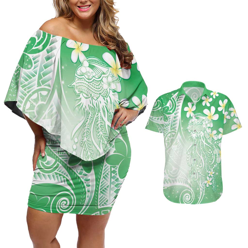 Polynesian Jellyfish Couples Matching Off Shoulder Short Dress and Hawaiian Shirt With Plumeria Green LT05 Green - Polynesian Pride