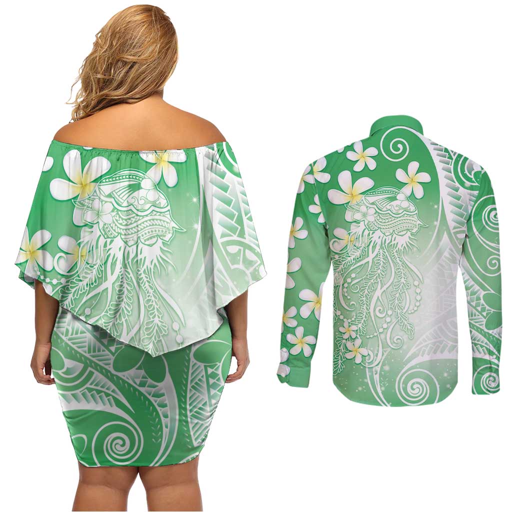 Polynesian Jellyfish Couples Matching Off Shoulder Short Dress and Long Sleeve Button Shirt With Plumeria Green LT05 - Polynesian Pride