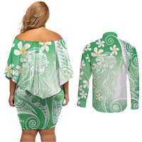 Polynesian Jellyfish Couples Matching Off Shoulder Short Dress and Long Sleeve Button Shirt With Plumeria Green LT05 - Polynesian Pride