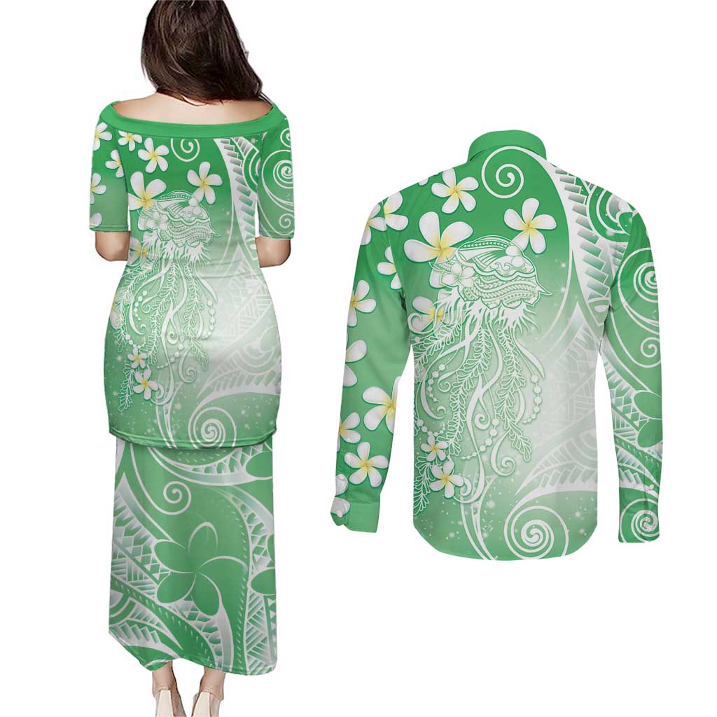 Polynesian Jellyfish Couples Matching Puletasi and Long Sleeve Button Shirt With Plumeria Green