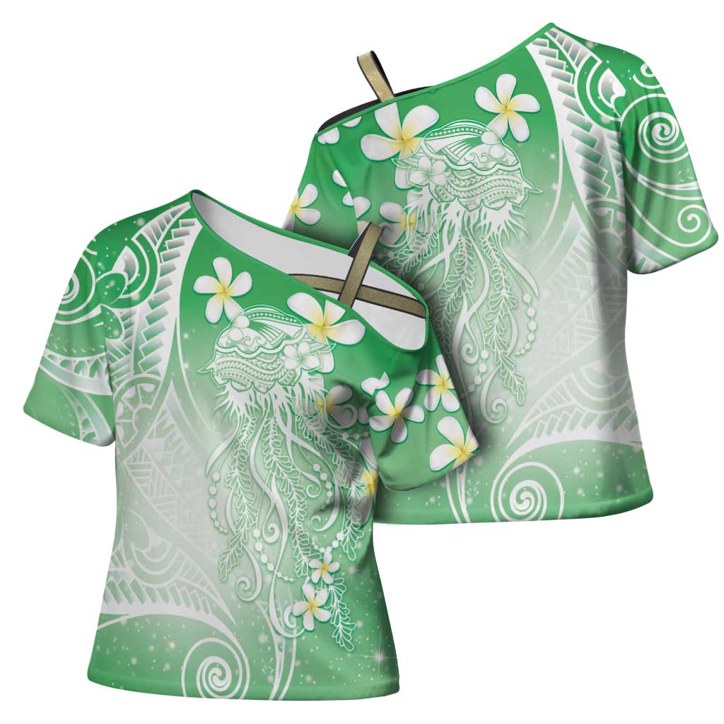 Polynesian Jellyfish Cross Shoulder Shirt With Plumeria Green